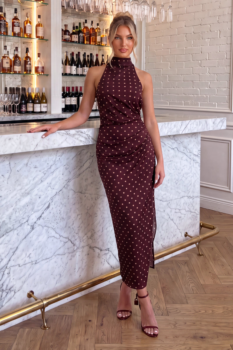 Burgundy Polka Dot Satin Ruched Midi Dress 16