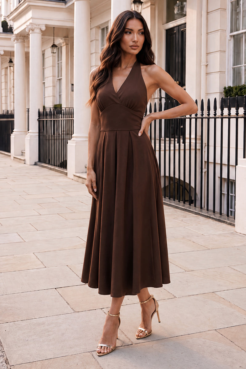 AX Paris Women's Chocolate Tie Halter Neck Midi Dress