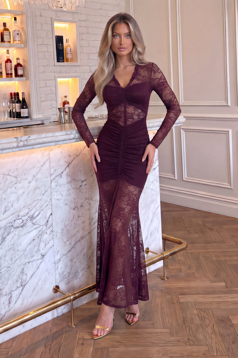 ax paris burgundy lace dress Plum Overlay Ruched Front Bodycon Midi 10 our Plum Lace Long