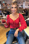 Red Polka Dot Milk Maid Neck Long Sleeve Top