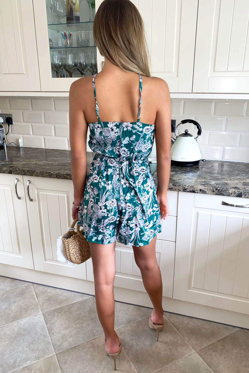 Green Halter Neck printed Playsuit