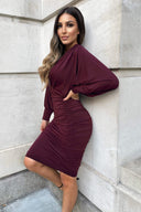 Plum Ruched Bat Wing Sleeve Midi Dress