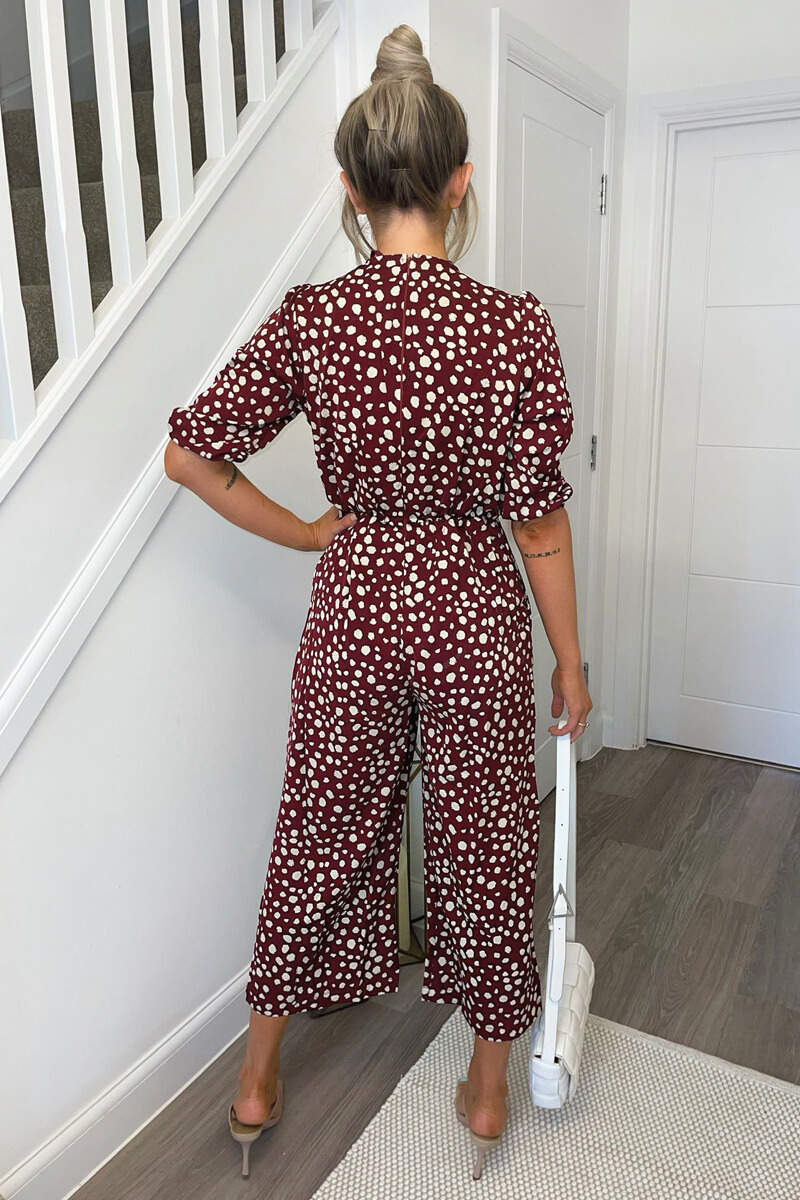 Plum Spot Printed Wrap Front Jumpsuit