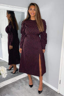 Plum Printed Long Pleated Sleeve Midi Dress