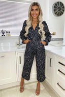 Black Dotty Long Sleeve Wrap Over Belted Jumpsuit