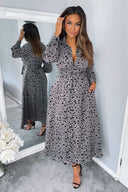 Grey Printed Button Up Midi Dress