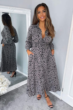 Grey Printed Button Up Midi Dress