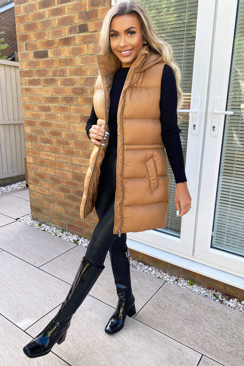 Camel Drawstring Hooded Gilet