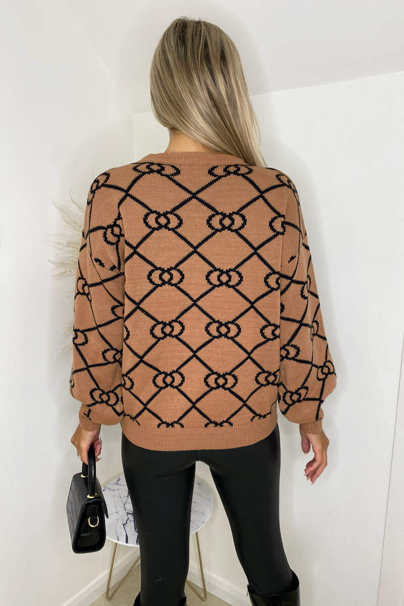 Camel Geo Print Balloon Sleeve Jumper