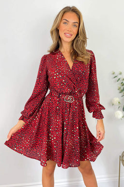 Red Printed Wrap Over Belted Skater Dress