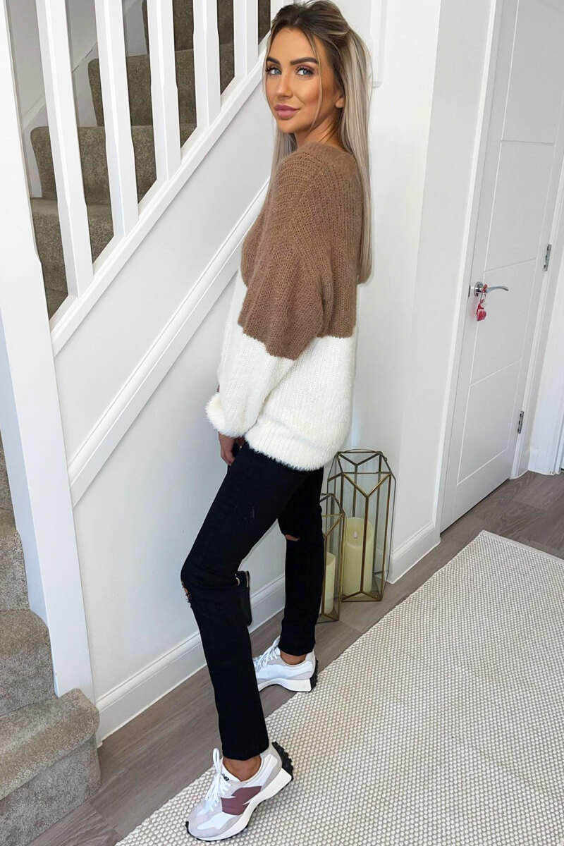 Nougat And Cream Fluffy V Neck Jumper