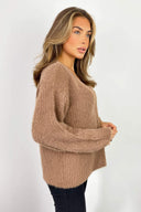 Camel V-Neck Fluffy Knitted Jumper