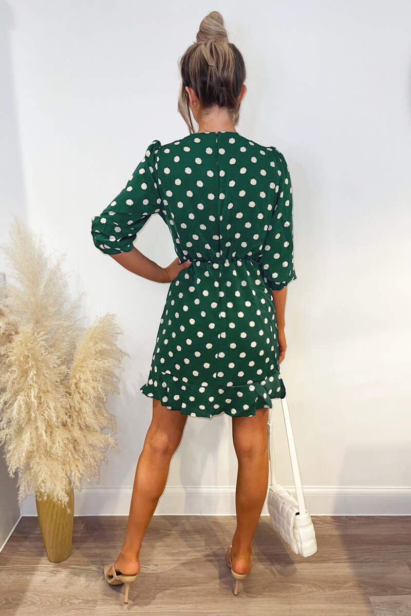 Green Spot Printed Frill Hem Dress
