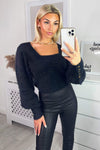 Black Square Neck Fluffy Knitted Jumper