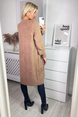 Camel Fluffy Long Cardigan