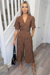 Tan Printed Wrap Top Jumpsuit