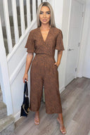 Tan Printed Wrap Top Jumpsuit
