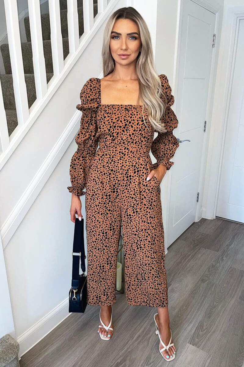 Tan Dot Printed Elasticated Sleeve Jumpsuit