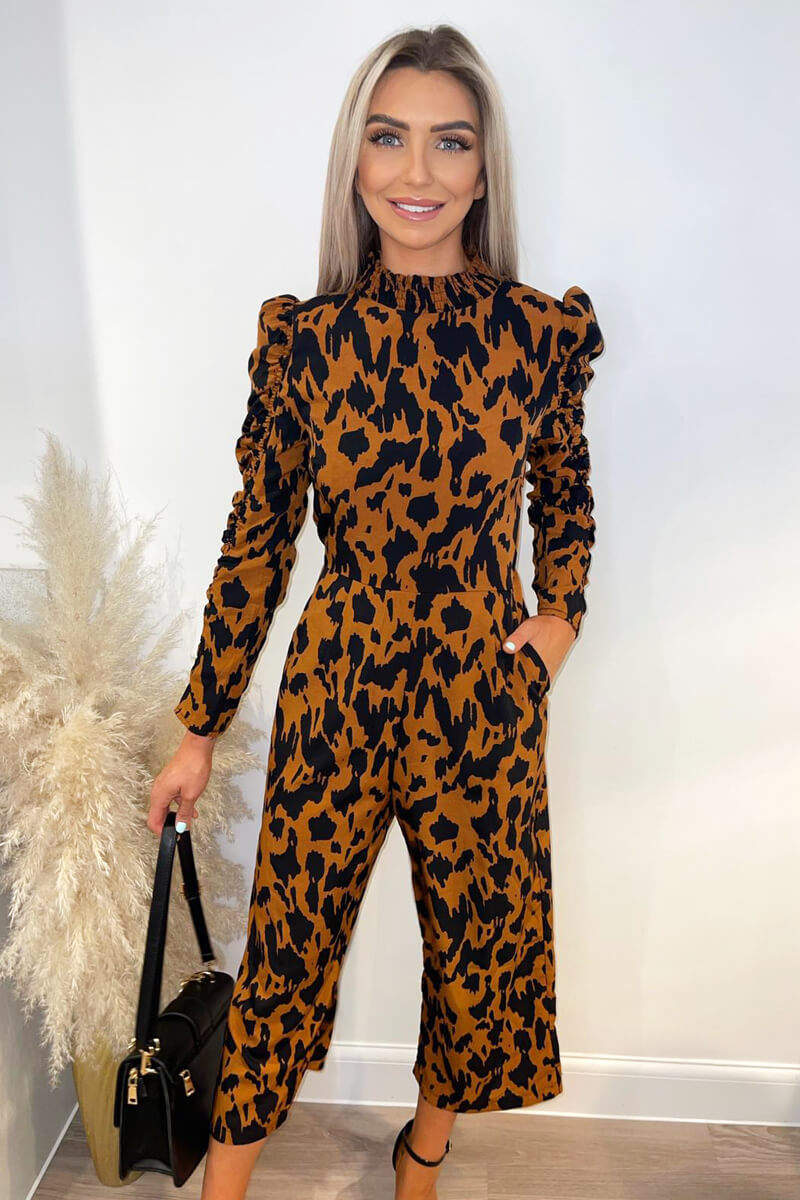 Camel Animal Printed Ruched Sleeve Jumpsuit