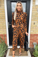 Camel Animal Printed Ruched Sleeve Jumpsuit