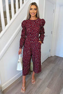 Plum Animal Print Elasticated Sleeve Jumpsuit