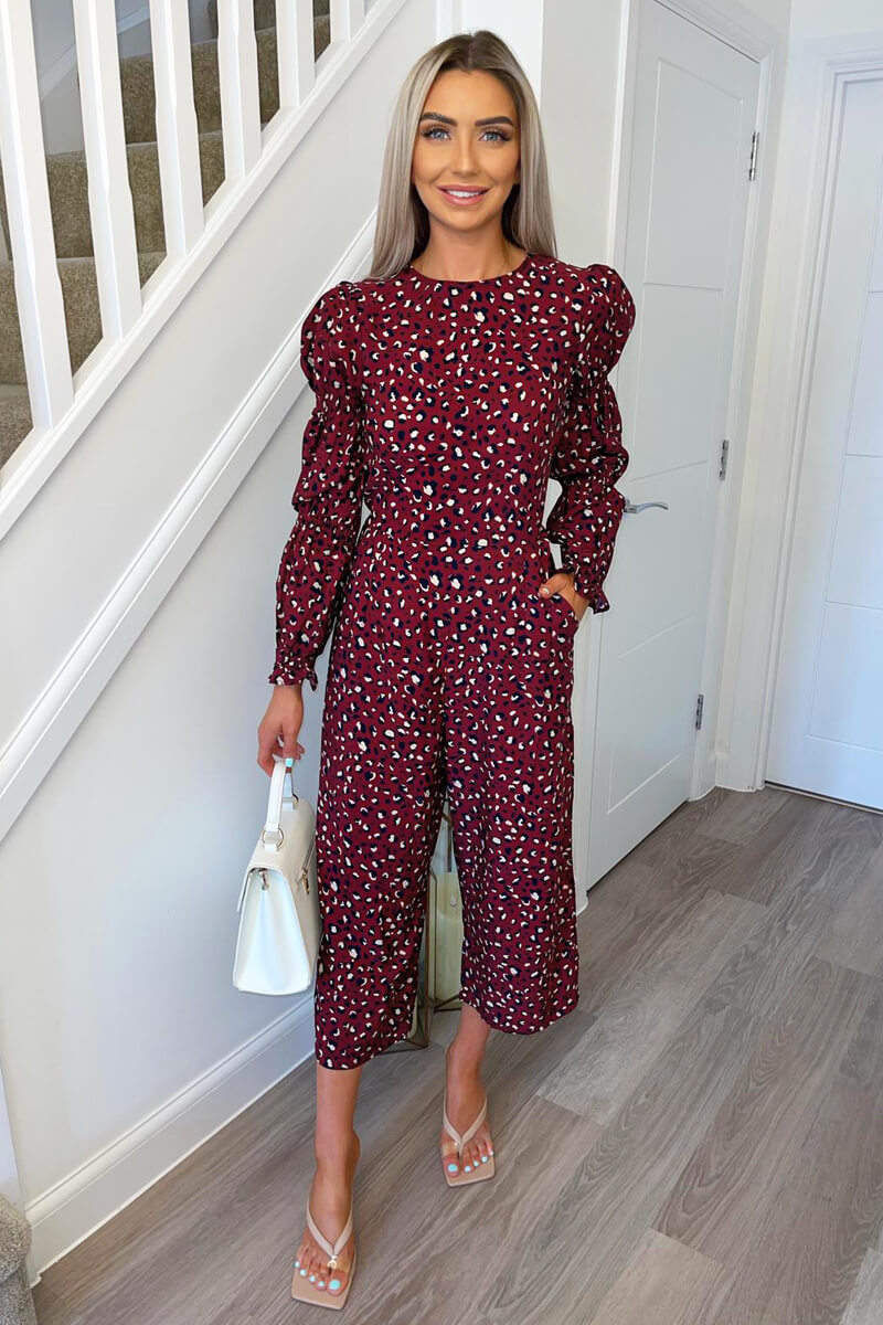 Plum Animal Print Elasticated Sleeve Jumpsuit