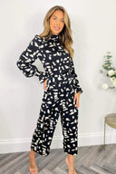 Black Printed Long Sleeve Elasticated Neck Jumpsuit