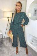 Forest Green Printed Frill Front Tie Jumpsuit