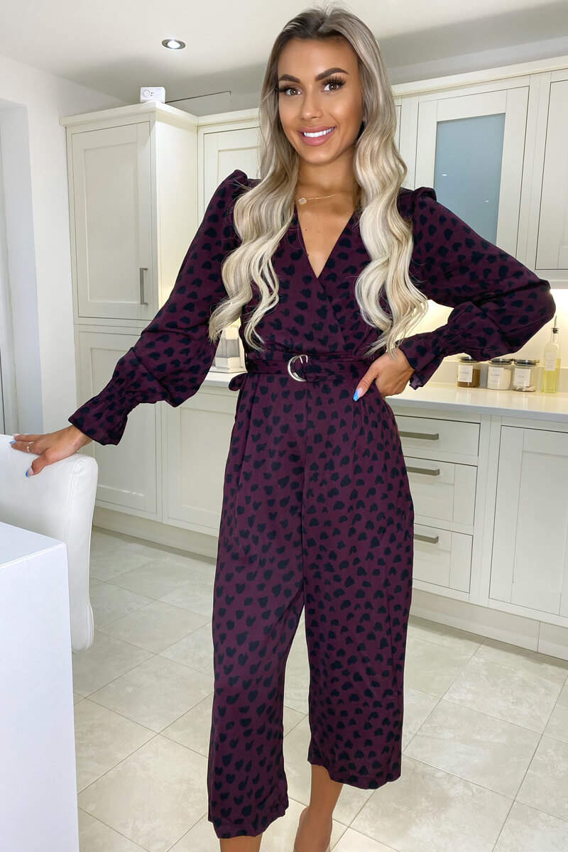 Plum Printed Long Sleeve Jumpsuit