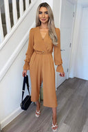 Mocha Wrap Over Elasticated Cuff Belted Jumpsuit