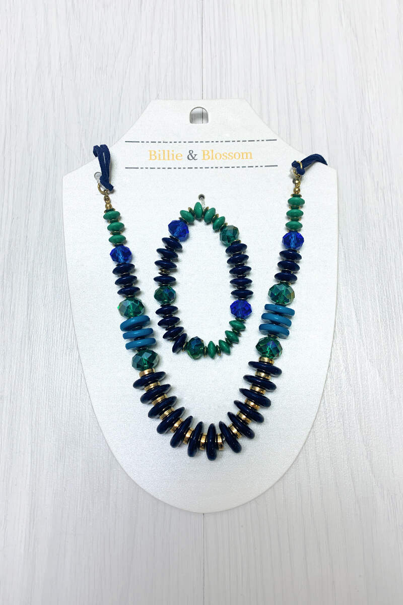 Blue And Green Beaded Necklace And Bracelet