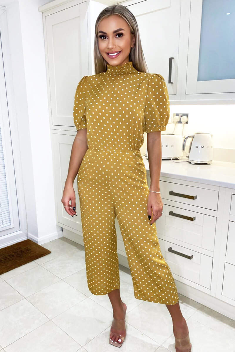 Mustard Polka Dot High Neck Culotte Jumpsuit