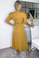 Mustard Polka Dot Ruched Short Sleeve Midi Dress