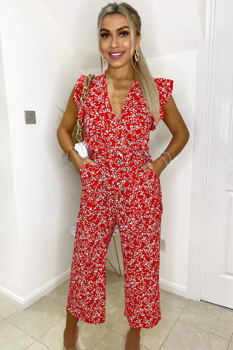 Red Floral Print Wrap Front Belted Jumpsuit