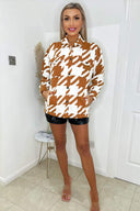 Camel Large Dogtooth Print Shirt Jacket