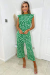 Green And White Animal Print Frill Front Jumpsuit