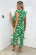 Green And White Animal Print Frill Front Jumpsuit