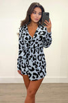 Blue Animal Print Wrap Long Sleeve Mini Dress