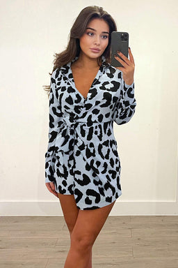 Blue Animal Print Wrap Long Sleeve Mini Dress