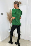 Green Printed Gathered Puff Sleeve Top