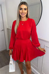 Red Long Sleeve Frill Skirt Dress