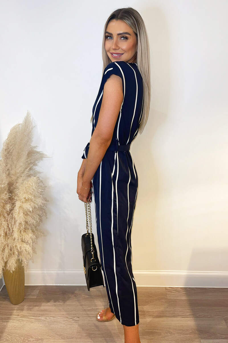 Navy And White Striped Short Sleeve Jumpsuit