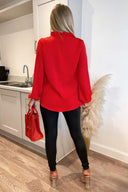 Red Ruffle High Neck Long Sleeve Top