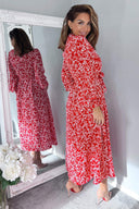 Red Floral Print Button Up Midi Shirt Dress