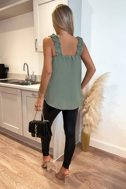 Khaki Elasticated Frill Strap Top