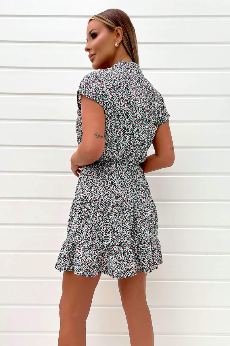 Black Floral Printed Short Sleeve Mini Dress