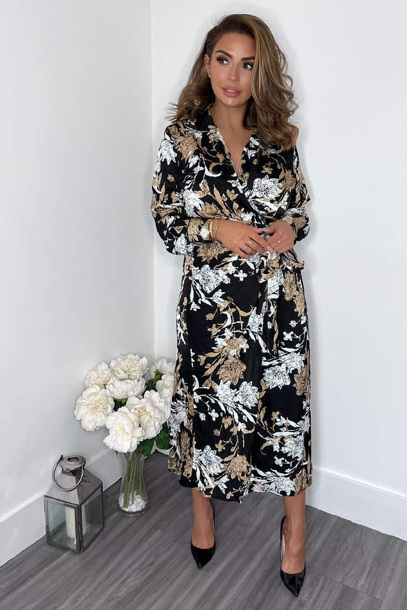 Black and Blush Floral Print Wrap Midi Dress – AX Paris