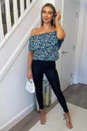 Navy Floral Printed Bardot Top