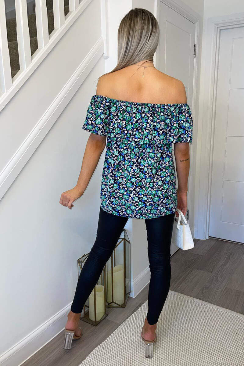 Navy Floral Printed Bardot Top