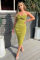 Lime Ruched Cut Out Front Midi Bodycon Dress